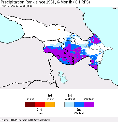 Azerbaijan, Armenia and Georgia Precipitation Rank since 1981, 6-Month (CHIRPS) Thematic Map For 5/1/2023 - 10/31/2023