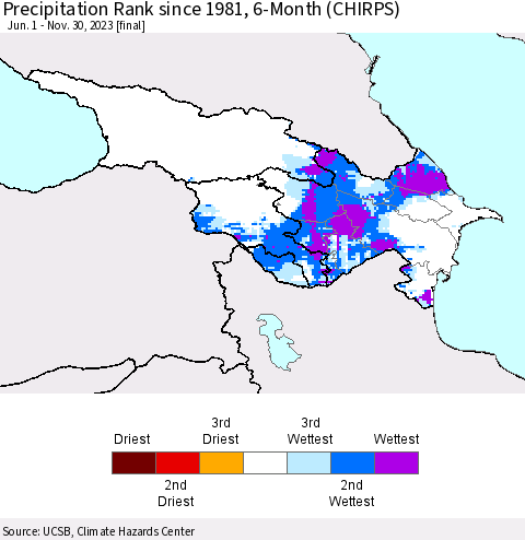 Azerbaijan, Armenia and Georgia Precipitation Rank since 1981, 6-Month (CHIRPS) Thematic Map For 6/1/2023 - 11/30/2023