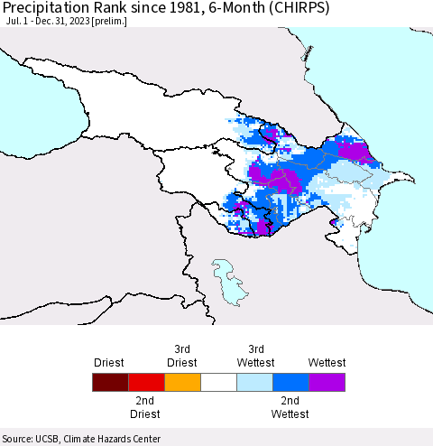 Azerbaijan, Armenia and Georgia Precipitation Rank since 1981, 6-Month (CHIRPS) Thematic Map For 7/1/2023 - 12/31/2023