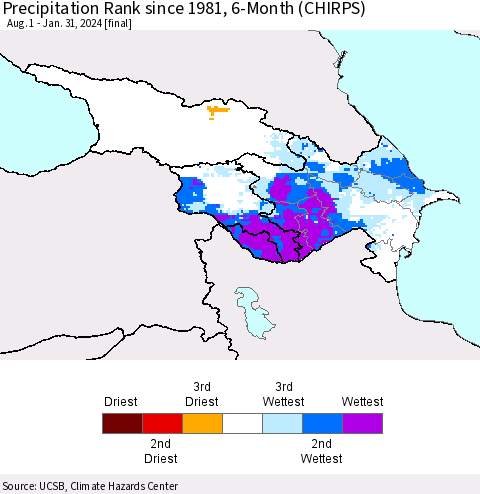Azerbaijan, Armenia and Georgia Precipitation Rank since 1981, 6-Month (CHIRPS) Thematic Map For 8/1/2023 - 1/31/2024
