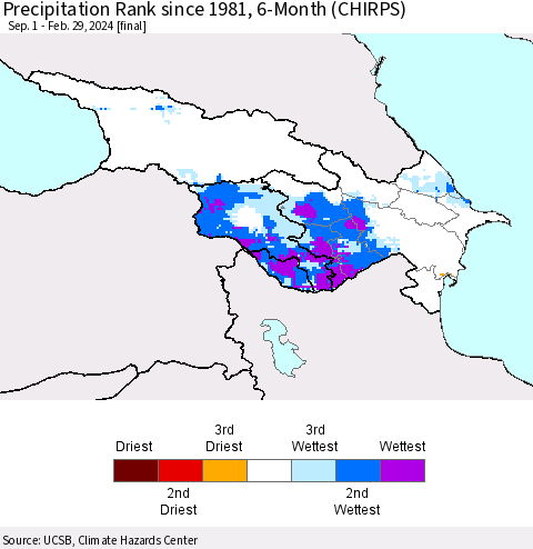 Azerbaijan, Armenia and Georgia Precipitation Rank since 1981, 6-Month (CHIRPS) Thematic Map For 9/1/2023 - 2/29/2024