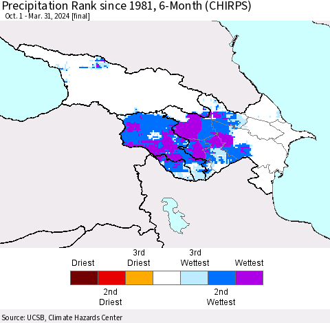 Azerbaijan, Armenia and Georgia Precipitation Rank since 1981, 6-Month (CHIRPS) Thematic Map For 10/1/2023 - 3/31/2024