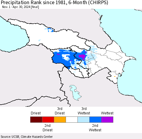 Azerbaijan, Armenia and Georgia Precipitation Rank since 1981, 6-Month (CHIRPS) Thematic Map For 11/1/2023 - 4/30/2024