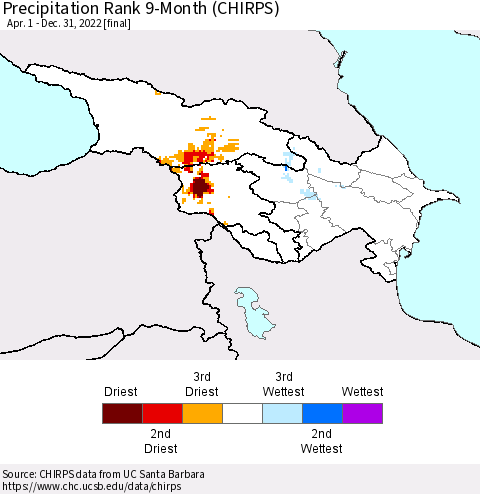 Azerbaijan, Armenia and Georgia Precipitation Rank since 1981, 9-Month (CHIRPS) Thematic Map For 4/1/2022 - 12/31/2022