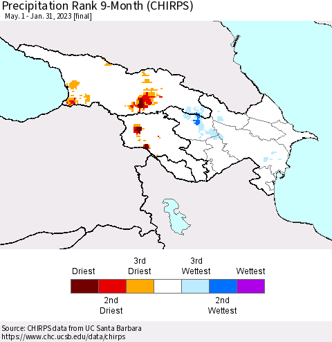 Azerbaijan, Armenia and Georgia Precipitation Rank since 1981, 9-Month (CHIRPS) Thematic Map For 5/1/2022 - 1/31/2023