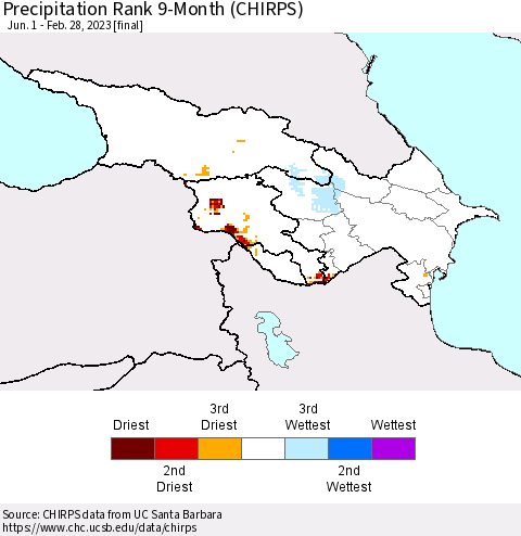 Azerbaijan, Armenia and Georgia Precipitation Rank since 1981, 9-Month (CHIRPS) Thematic Map For 6/1/2022 - 2/28/2023
