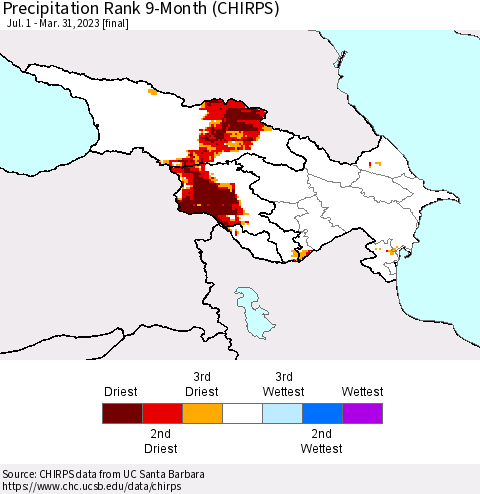 Azerbaijan, Armenia and Georgia Precipitation Rank since 1981, 9-Month (CHIRPS) Thematic Map For 7/1/2022 - 3/31/2023