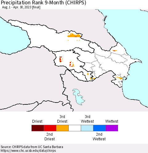 Azerbaijan, Armenia and Georgia Precipitation Rank since 1981, 9-Month (CHIRPS) Thematic Map For 8/1/2022 - 4/30/2023