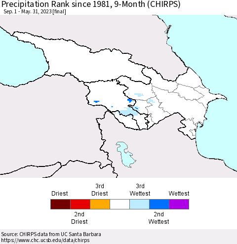 Azerbaijan, Armenia and Georgia Precipitation Rank since 1981, 9-Month (CHIRPS) Thematic Map For 9/1/2022 - 5/31/2023