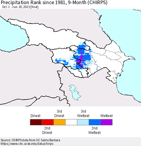 Azerbaijan, Armenia and Georgia Precipitation Rank since 1981, 9-Month (CHIRPS) Thematic Map For 10/1/2022 - 6/30/2023