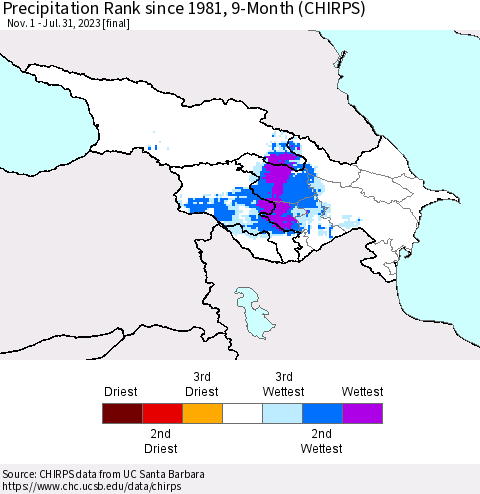 Azerbaijan, Armenia and Georgia Precipitation Rank since 1981, 9-Month (CHIRPS) Thematic Map For 11/1/2022 - 7/31/2023