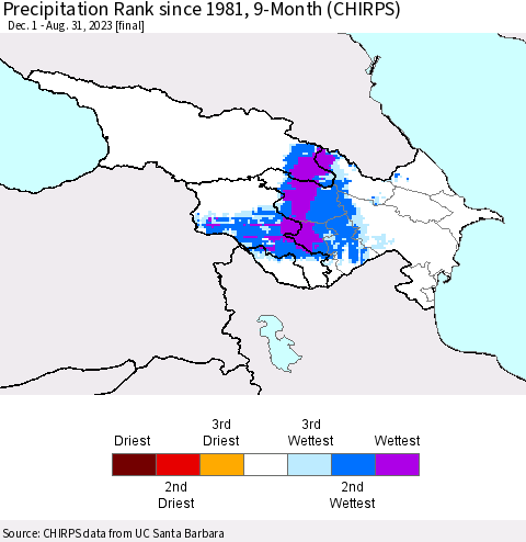 Azerbaijan, Armenia and Georgia Precipitation Rank since 1981, 9-Month (CHIRPS) Thematic Map For 12/1/2022 - 8/31/2023