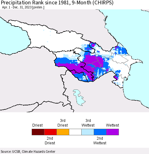 Azerbaijan, Armenia and Georgia Precipitation Rank since 1981, 9-Month (CHIRPS) Thematic Map For 4/1/2023 - 12/31/2023