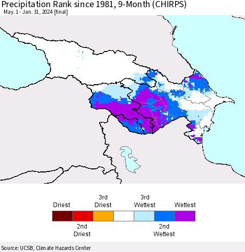 Azerbaijan, Armenia and Georgia Precipitation Rank since 1981, 9-Month (CHIRPS) Thematic Map For 5/1/2023 - 1/31/2024