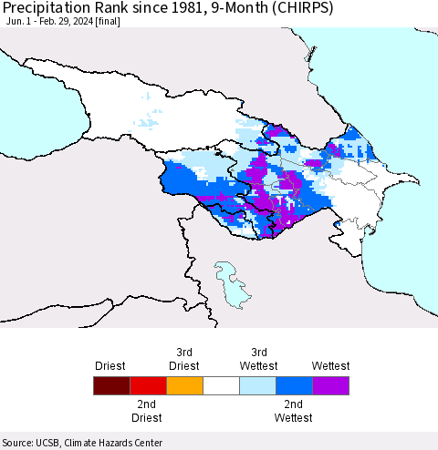 Azerbaijan, Armenia and Georgia Precipitation Rank since 1981, 9-Month (CHIRPS) Thematic Map For 6/1/2023 - 2/29/2024