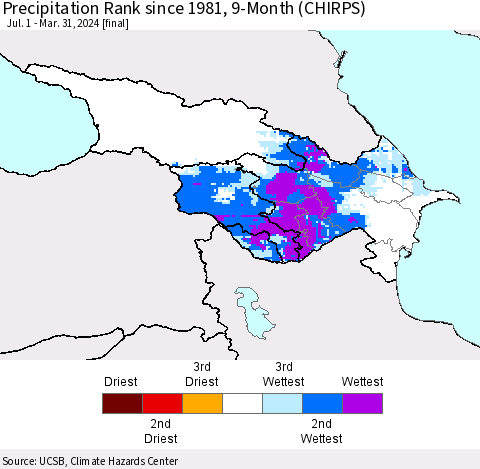 Azerbaijan, Armenia and Georgia Precipitation Rank since 1981, 9-Month (CHIRPS) Thematic Map For 7/1/2023 - 3/31/2024