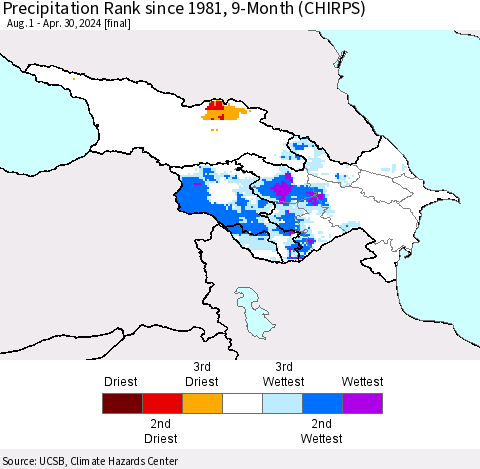 Azerbaijan, Armenia and Georgia Precipitation Rank since 1981, 9-Month (CHIRPS) Thematic Map For 8/1/2023 - 4/30/2024