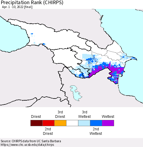 Azerbaijan, Armenia and Georgia Precipitation Rank since 1981 (CHIRPS) Thematic Map For 4/1/2022 - 4/10/2022