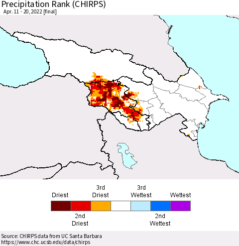 Azerbaijan, Armenia and Georgia Precipitation Rank since 1981 (CHIRPS) Thematic Map For 4/11/2022 - 4/20/2022