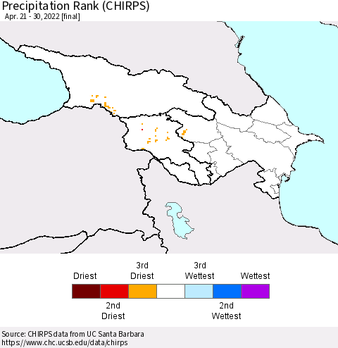 Azerbaijan, Armenia and Georgia Precipitation Rank since 1981 (CHIRPS) Thematic Map For 4/21/2022 - 4/30/2022