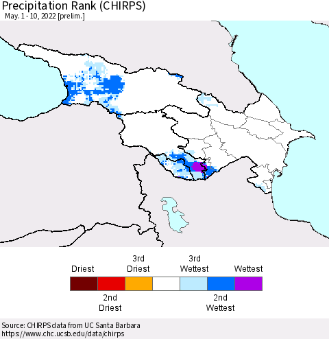 Azerbaijan, Armenia and Georgia Precipitation Rank since 1981 (CHIRPS) Thematic Map For 5/1/2022 - 5/10/2022