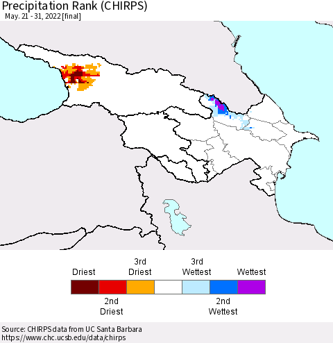 Azerbaijan, Armenia and Georgia Precipitation Rank since 1981 (CHIRPS) Thematic Map For 5/21/2022 - 5/31/2022