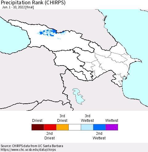 Azerbaijan, Armenia and Georgia Precipitation Rank since 1981 (CHIRPS) Thematic Map For 6/1/2022 - 6/10/2022