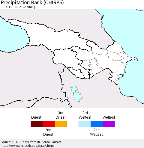 Azerbaijan, Armenia and Georgia Precipitation Rank since 1981 (CHIRPS) Thematic Map For 6/11/2022 - 6/20/2022