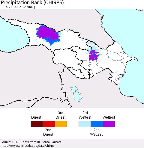 Azerbaijan, Armenia and Georgia Precipitation Rank since 1981 (CHIRPS) Thematic Map For 6/21/2022 - 6/30/2022