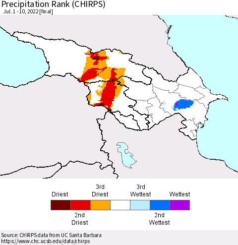Azerbaijan, Armenia and Georgia Precipitation Rank since 1981 (CHIRPS) Thematic Map For 7/1/2022 - 7/10/2022