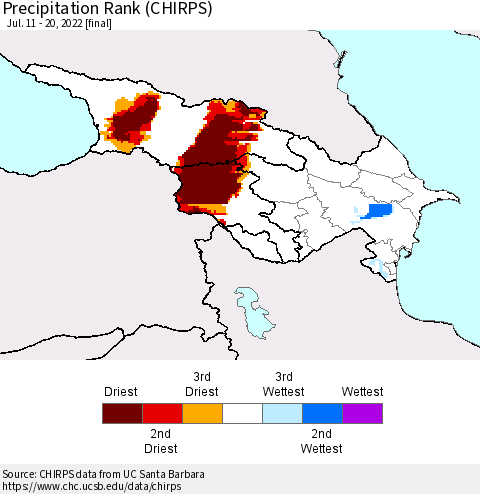 Azerbaijan, Armenia and Georgia Precipitation Rank since 1981 (CHIRPS) Thematic Map For 7/11/2022 - 7/20/2022