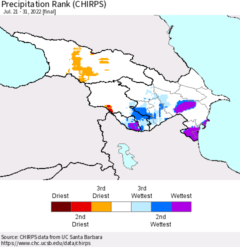 Azerbaijan, Armenia and Georgia Precipitation Rank since 1981 (CHIRPS) Thematic Map For 7/21/2022 - 7/31/2022