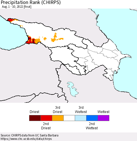 Azerbaijan, Armenia and Georgia Precipitation Rank since 1981 (CHIRPS) Thematic Map For 8/1/2022 - 8/10/2022