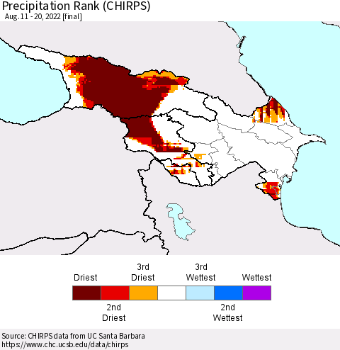 Azerbaijan, Armenia and Georgia Precipitation Rank since 1981 (CHIRPS) Thematic Map For 8/11/2022 - 8/20/2022