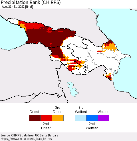 Azerbaijan, Armenia and Georgia Precipitation Rank since 1981 (CHIRPS) Thematic Map For 8/21/2022 - 8/31/2022