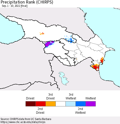 Azerbaijan, Armenia and Georgia Precipitation Rank since 1981 (CHIRPS) Thematic Map For 9/1/2022 - 9/10/2022