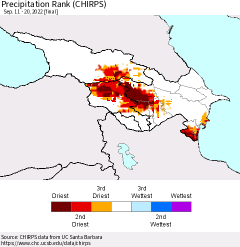 Azerbaijan, Armenia and Georgia Precipitation Rank since 1981 (CHIRPS) Thematic Map For 9/11/2022 - 9/20/2022