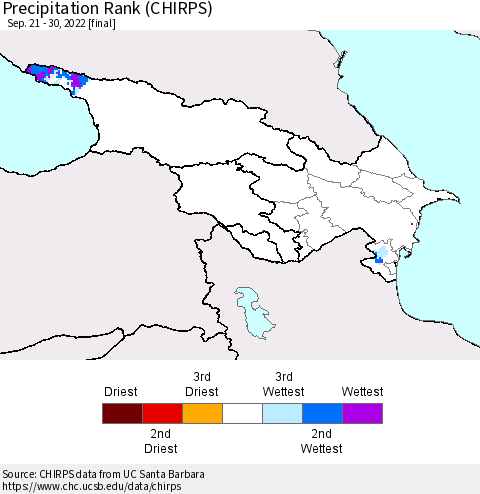 Azerbaijan, Armenia and Georgia Precipitation Rank since 1981 (CHIRPS) Thematic Map For 9/21/2022 - 9/30/2022