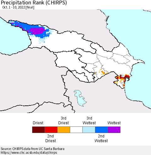 Azerbaijan, Armenia and Georgia Precipitation Rank since 1981 (CHIRPS) Thematic Map For 10/1/2022 - 10/10/2022