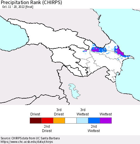 Azerbaijan, Armenia and Georgia Precipitation Rank since 1981 (CHIRPS) Thematic Map For 10/11/2022 - 10/20/2022