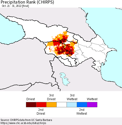 Azerbaijan, Armenia and Georgia Precipitation Rank since 1981 (CHIRPS) Thematic Map For 10/21/2022 - 10/31/2022