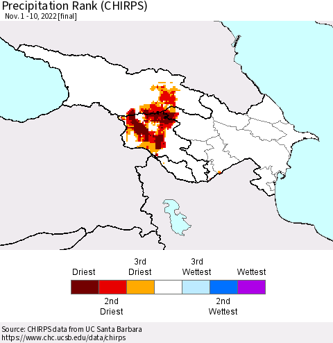 Azerbaijan, Armenia and Georgia Precipitation Rank since 1981 (CHIRPS) Thematic Map For 11/1/2022 - 11/10/2022