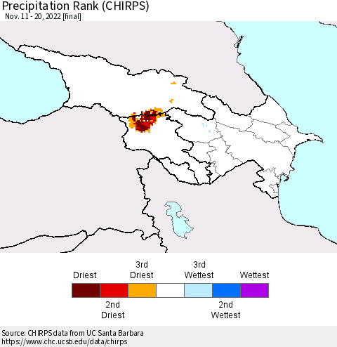 Azerbaijan, Armenia and Georgia Precipitation Rank since 1981 (CHIRPS) Thematic Map For 11/11/2022 - 11/20/2022
