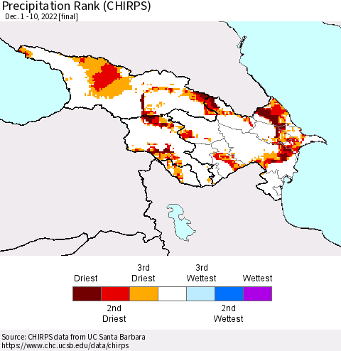 Azerbaijan, Armenia and Georgia Precipitation Rank since 1981 (CHIRPS) Thematic Map For 12/1/2022 - 12/10/2022