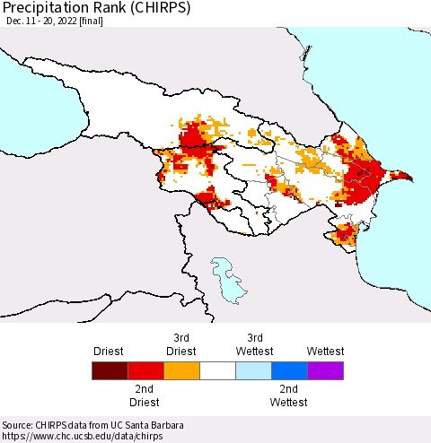 Azerbaijan, Armenia and Georgia Precipitation Rank since 1981 (CHIRPS) Thematic Map For 12/11/2022 - 12/20/2022