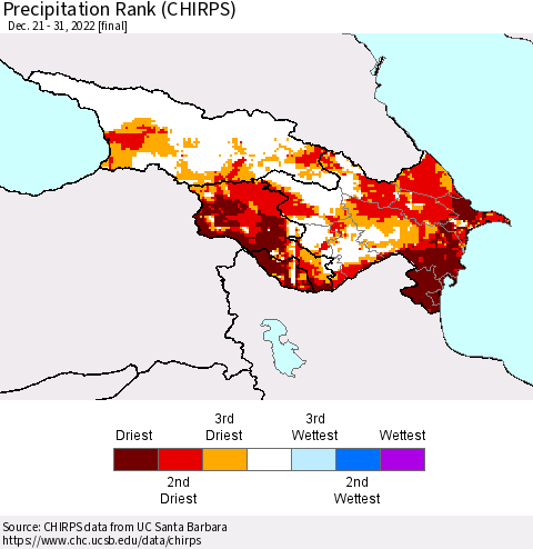 Azerbaijan, Armenia and Georgia Precipitation Rank since 1981 (CHIRPS) Thematic Map For 12/21/2022 - 12/31/2022