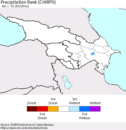 Azerbaijan, Armenia and Georgia Precipitation Rank since 1981 (CHIRPS) Thematic Map For 4/1/2023 - 4/10/2023