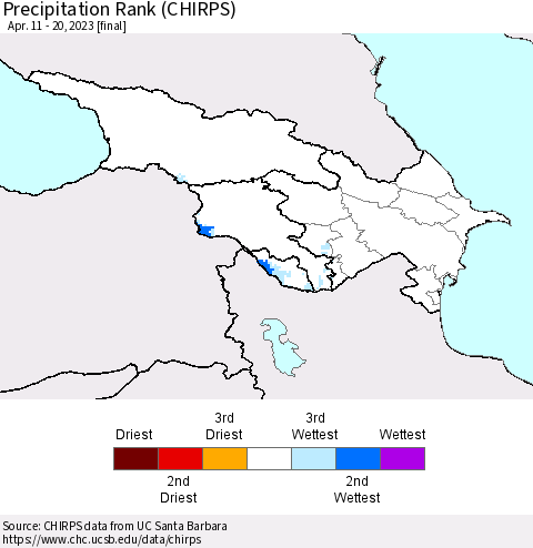 Azerbaijan, Armenia and Georgia Precipitation Rank since 1981 (CHIRPS) Thematic Map For 4/11/2023 - 4/20/2023