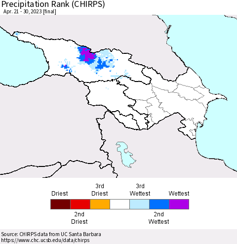 Azerbaijan, Armenia and Georgia Precipitation Rank since 1981 (CHIRPS) Thematic Map For 4/21/2023 - 4/30/2023