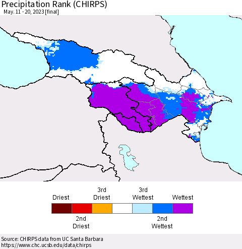 Azerbaijan, Armenia and Georgia Precipitation Rank since 1981 (CHIRPS) Thematic Map For 5/11/2023 - 5/20/2023
